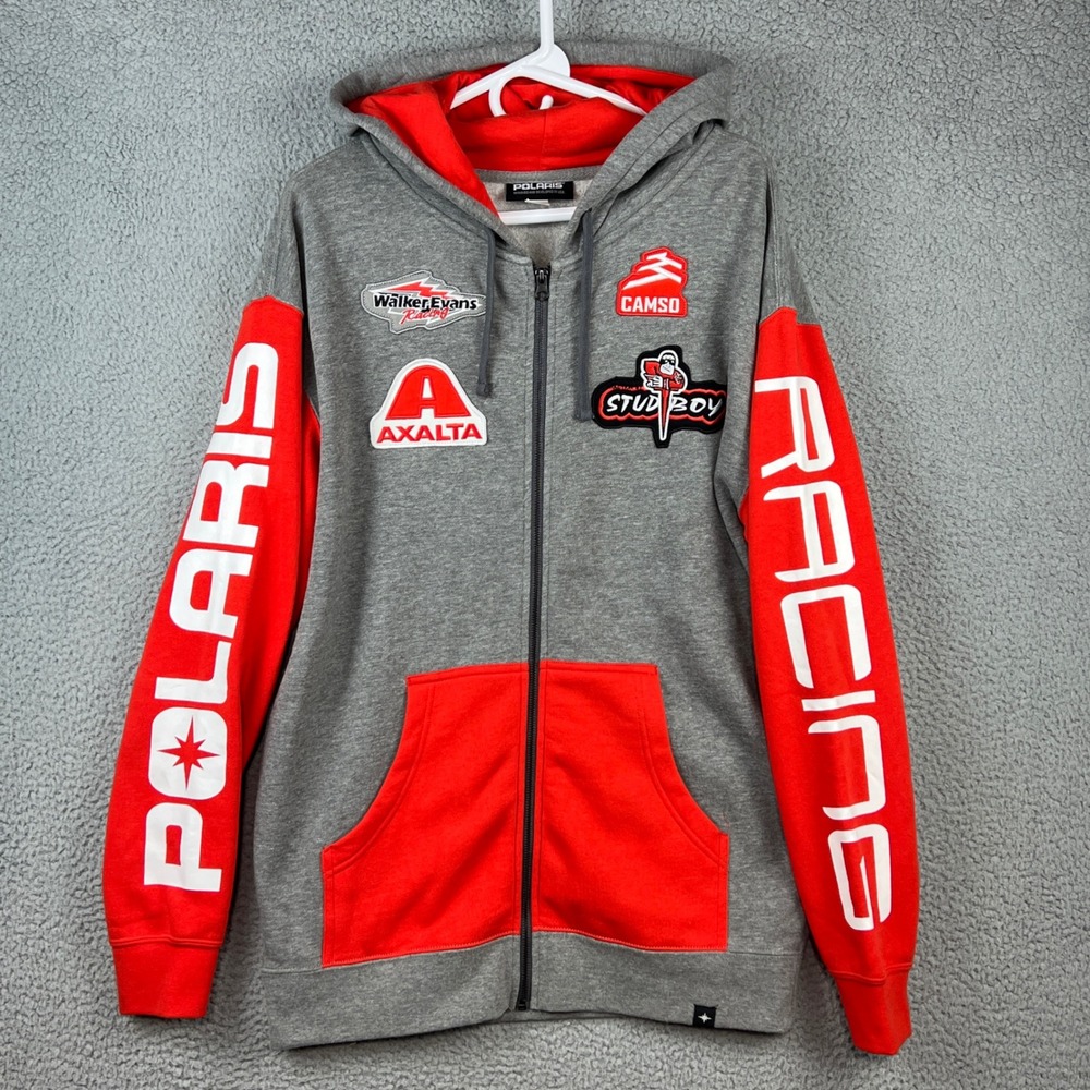 Polaris Racing Full Zip Hoodie Mens Large Gray Red Snowmobile Patches Big Logos